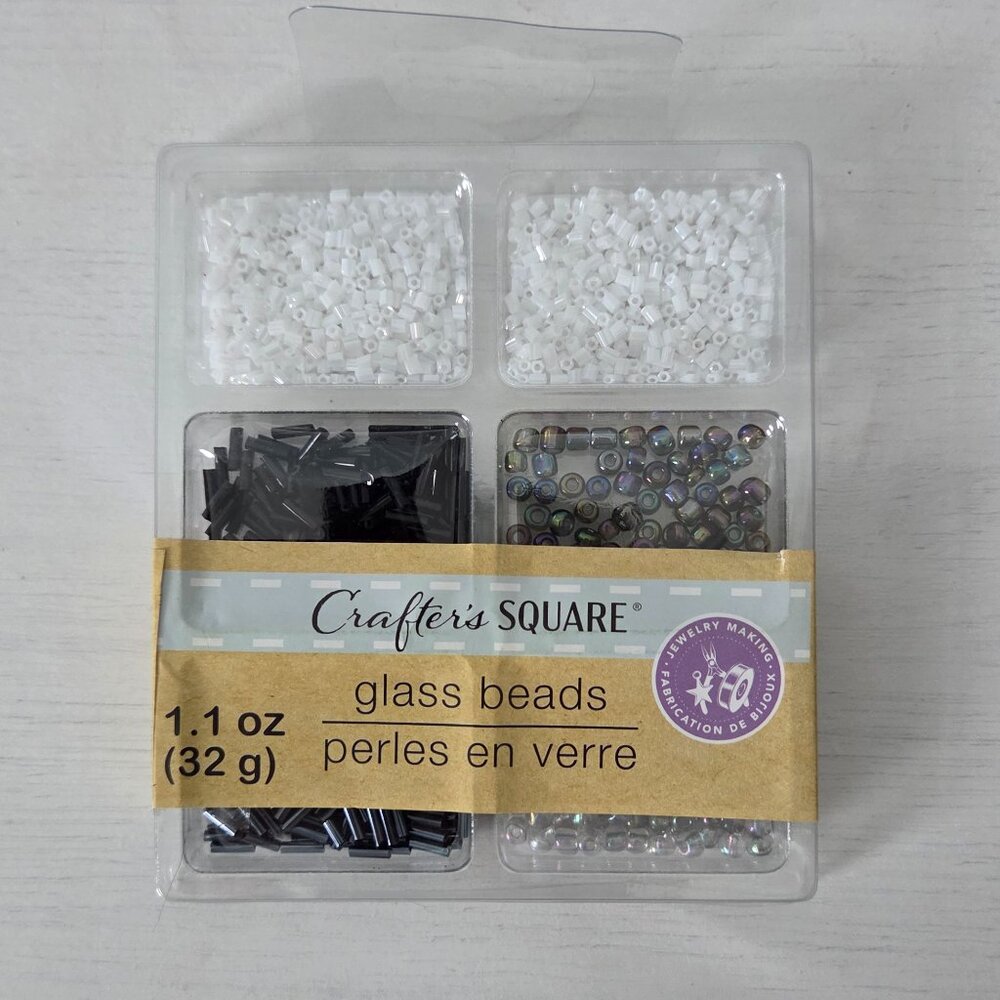 NEW Crafter's Square Glass Beads White/Black 1.1 oz New in Sealed Box